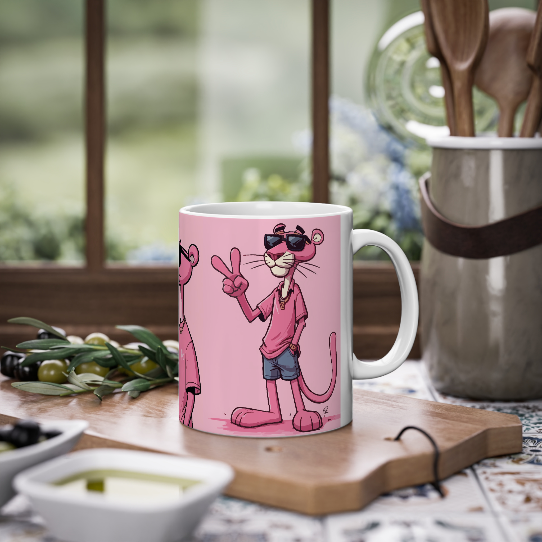 ماگ سرامیک طرح کارتونی پلنگ صورتیزمینه ۱4