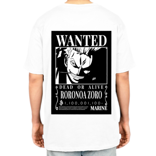 T_Shirt طرح Wanted Rorona Zoro از انیمه one-pieceنمای پشت - رنگ سفید