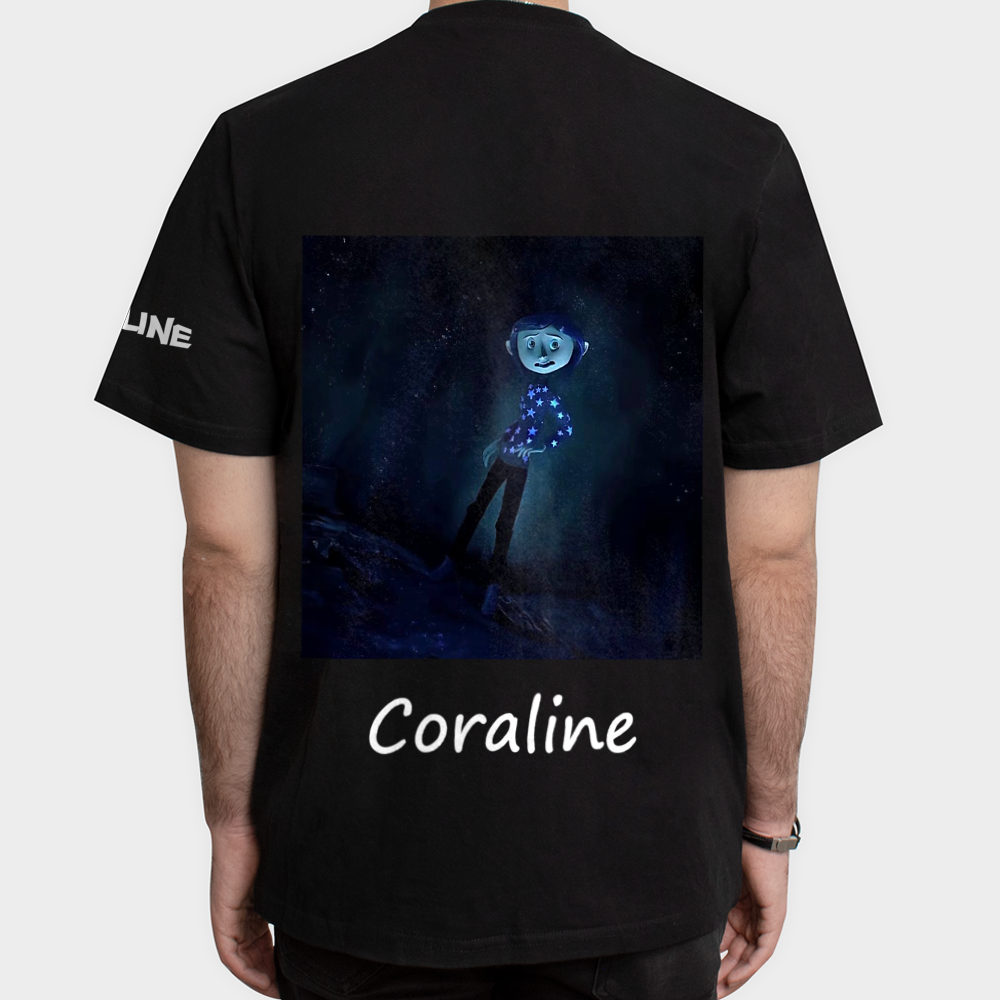 تیشرت طرح انیمیشن Coraline2🐈⬛🌑نمای پشت - رنگ مشکی