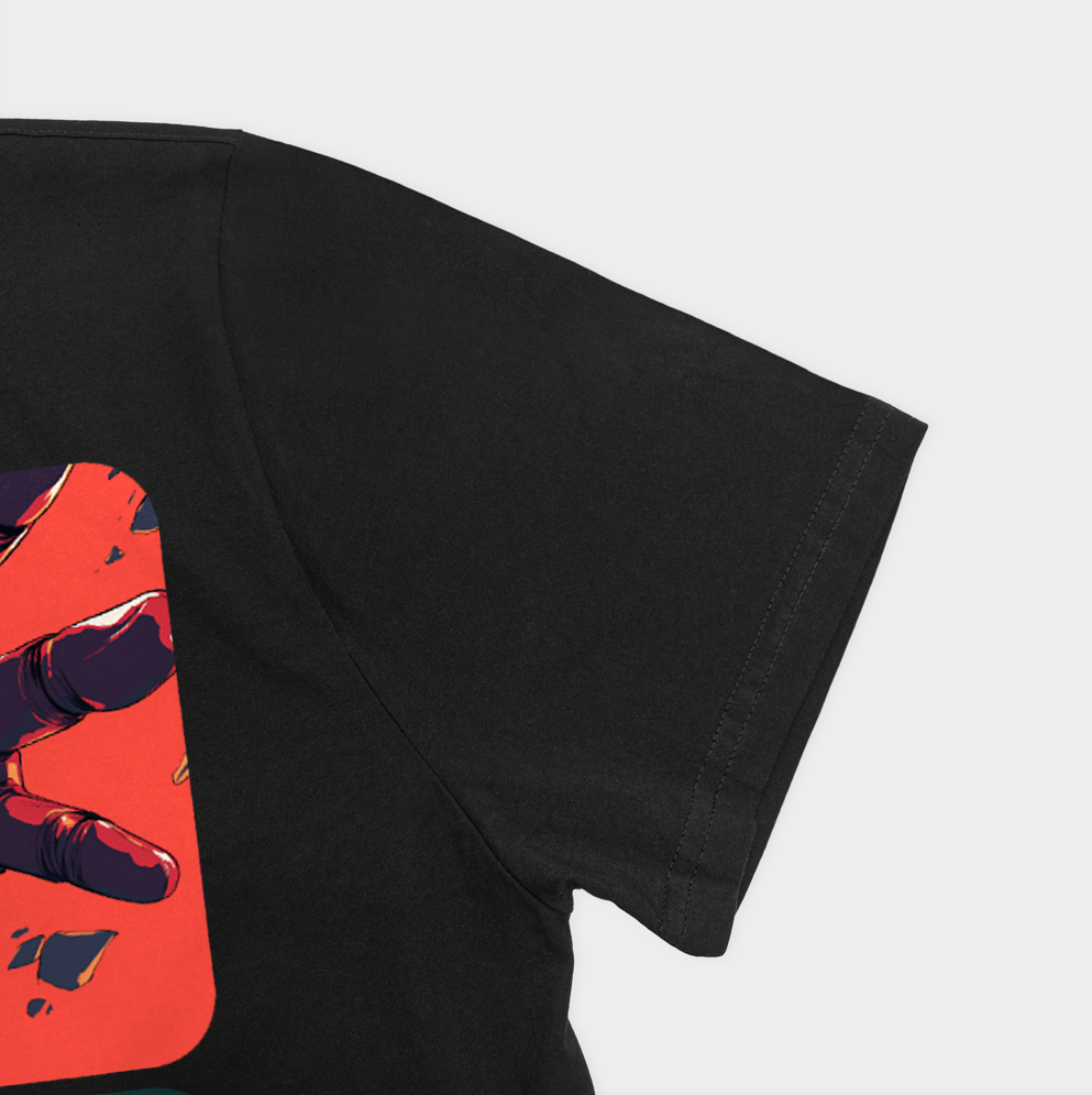 تیشرت آستین کوتاه {مرد آهنی} IRON MANنمای نزدیک آستین چپ - رنگ مشکی5