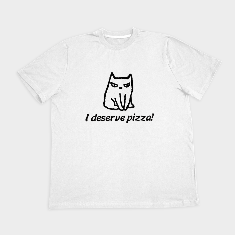 تی شرت طرح گربه I DESERVE PIZZAنمای روبرو ۲ - رنگ سفید