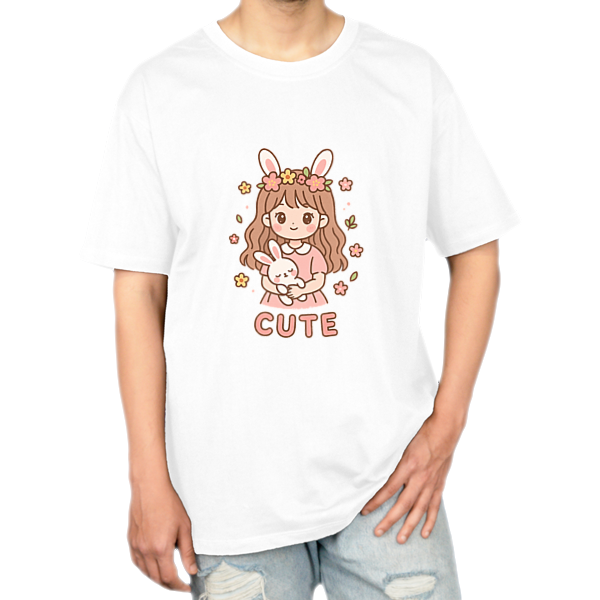 تیشرت دخترونه کرهای | طرح Cute Girl & Bunny | استایل کیوت پاستلی با چاپ خاصنمای روبرو ۱ - رنگ سفید