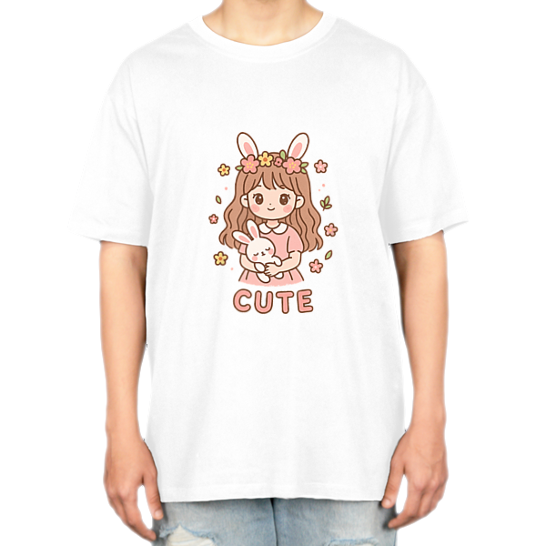 تیشرت دخترونه کرهای | طرح Cute Girl & Bunny | استایل کیوت پاستلی با چاپ خاصنمای روبرو ۲ - رنگ سفید1