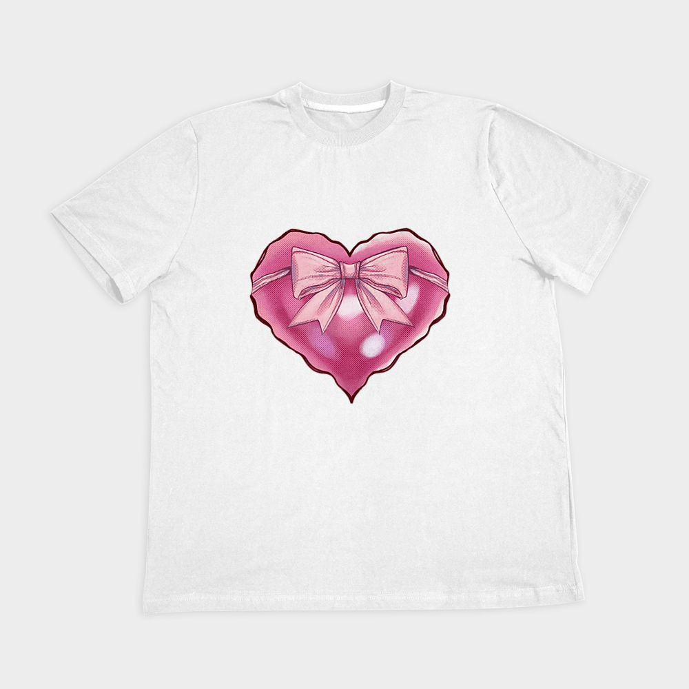 تیشرت سفید طرح قلب صورتی پاپیونی (Kawaii Pink Heartنمای روبرو ۲ - رنگ سفید1