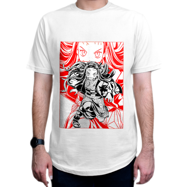 تیشرت انیمه طرح  Demon Slayer  شیطان کش شخصیت  Nezuko Kamado  نزوکو کامادو کد DS3_2نمای روبرو - رنگ سفید