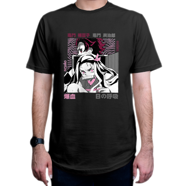 تیشرت انیمه طرح  Demon Slayer  شیطان کش شخصیت  Nezuko-Tanjiro  نزوکو-تانجیرو DS2_1نمای روبرو - رنگ مشکی0