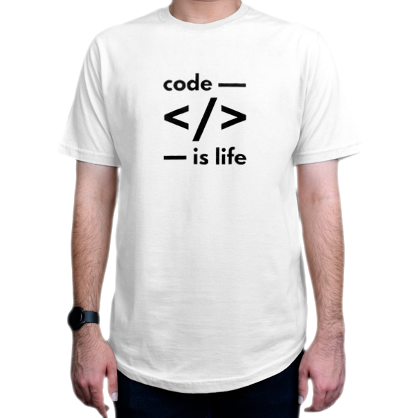 تیشرت برنامه نویسی طرح Code is Lifeنمای روبرو - رنگ سفید