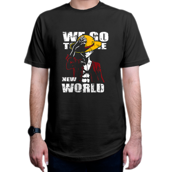 تیشرت طرح انیمه  One Piece وان پیس  شخصیت Luffy لوفی We Go to the New Worldنمای روبرو - رنگ مشکی
