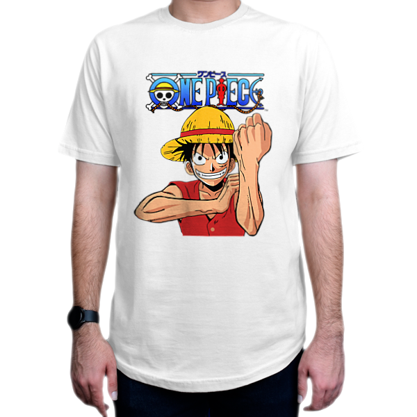 تیشرت طرح انیمه  One Piece وان پیس  شخصیت Luffy لوفی Logo لگونمای روبرو - رنگ سفید