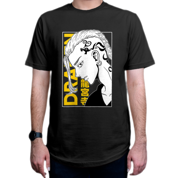 تیشرت طرح انیمه Tokyo Revengers انتقام جویان توکیو شخصیت Draken دراکن yellow زردنمای روبرو - رنگ مشکی