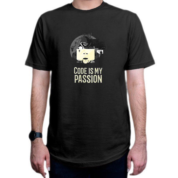 تیشرت برنامه نویسی طرح Code is my passionنمای روبرو - رنگ مشکی