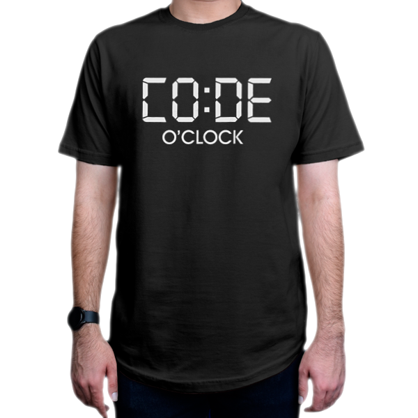 تیشرت برنامه نویسی طرح code o'clockنمای روبرو - رنگ مشکی