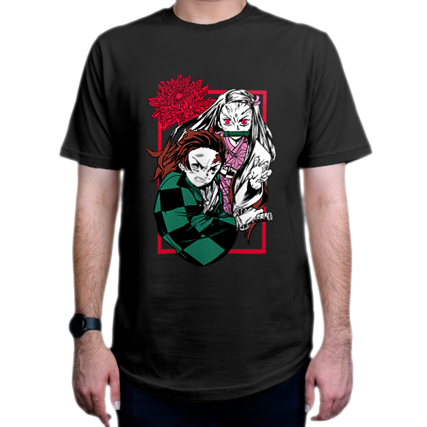 تیشرت انیمه طرح Demon Slayer شیطان کش شخصیت  Tanjiro Kamado-Nezuko Kamado تانجیرو کامادو-نزوکو  کامادو DS1نمای روبرو - رنگ مشکی
