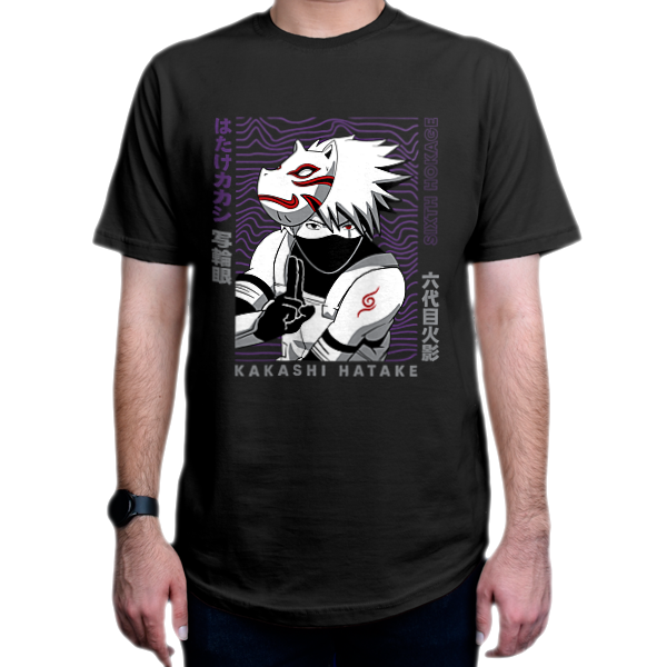 تیشرت انیمه طرح  Naruto  ناروتو شخصیت  Kakashi Hatake کاکاشی هاتاکهنمای روبرو - رنگ مشکی